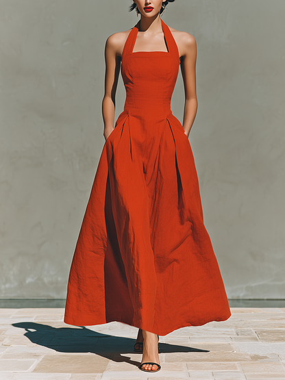 Mathilde - Robe Longue en Lin Femme Chic avec Col Carré et Jupe Plissée