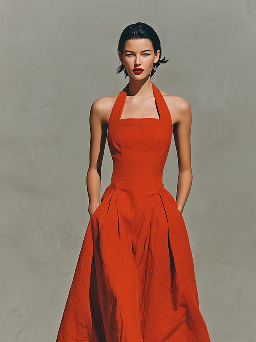 Mathilde - Robe Longue en Lin Femme Chic avec Col Carré et Jupe Plissée
