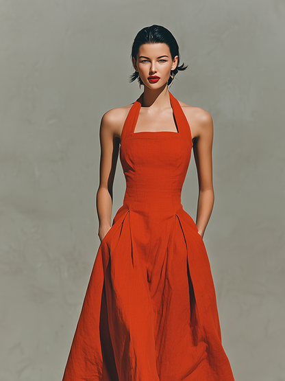 Mathilde - Robe Longue en Lin Femme Chic avec Col Carré et Jupe Plissée