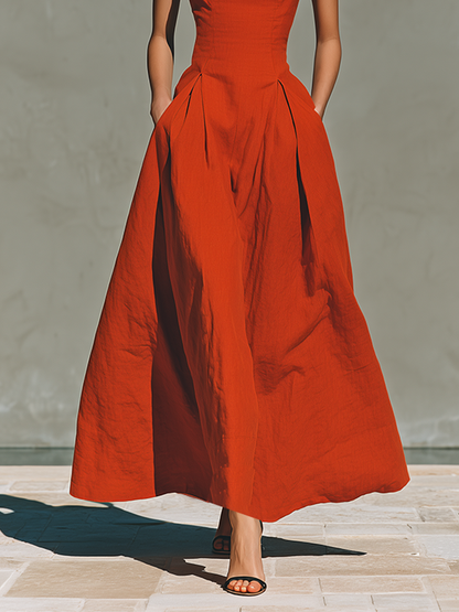 Mathilde - Robe Longue en Lin Femme Chic avec Col Carré et Jupe Plissée