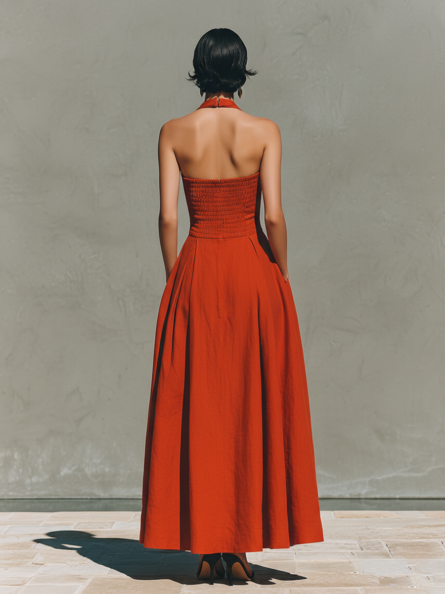 Mathilde - Robe Longue en Lin Femme Chic avec Col Carré et Jupe Plissée