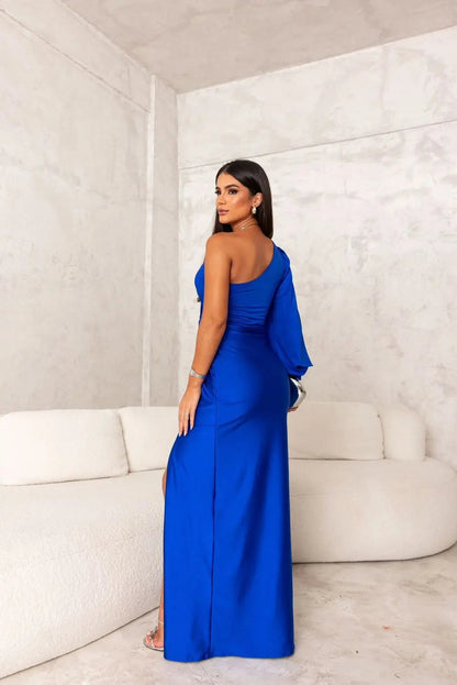 Nathalie - Robe Mariage Invitée Maxi Femme Élégante avec Une Épaule Longue et Torsade à la Taille