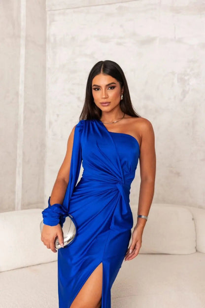 Nathalie - Robe Mariage Invitée Maxi Femme Élégante avec Une Épaule Longue et Torsade à la Taille