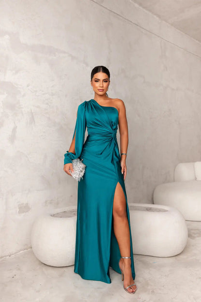 Nathalie - Robe Mariage Invitée Maxi Femme Élégante avec Une Épaule Longue et Torsade à la Taille