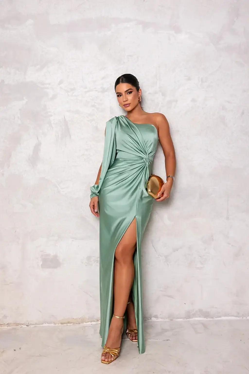 Nathalie - Robe Mariage Invitée Maxi Femme Élégante avec Une Épaule Longue et Torsade à la Taille