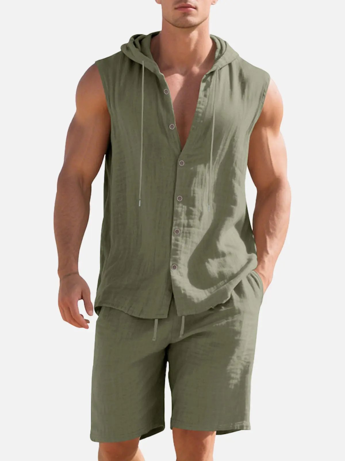 Nathan - Ensemble en Lin Homme Streetwear avec Capuche à Cordon et Short Assorti