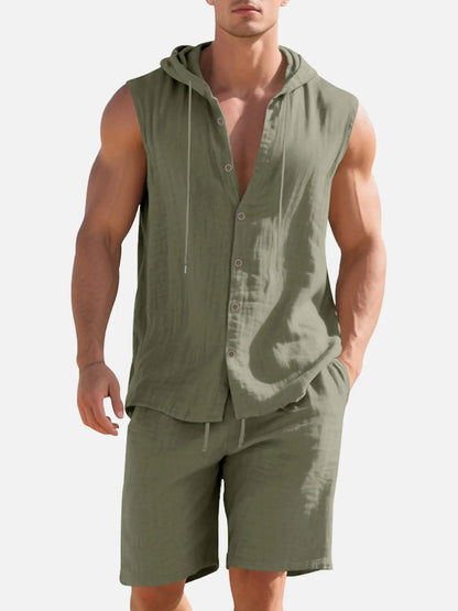 Nathan - Ensemble en Lin Homme Streetwear avec Capuche à Cordon et Short Assorti