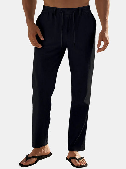 Nathan - Pantalon en Lin Homme Casual avec Cordon de Serrage et Coupe Droite