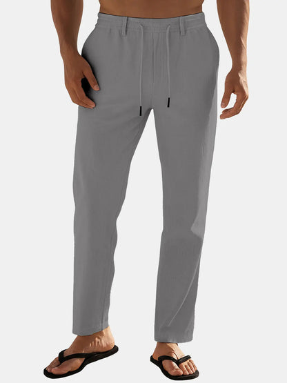 Nathan - Pantalon en Lin Homme Casual avec Cordon de Serrage et Coupe Droite