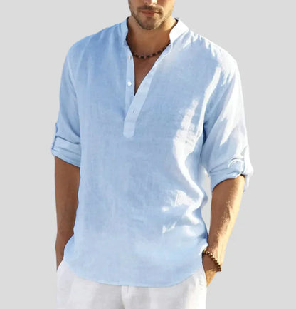Nicolas - Chemise en Lin Homme Casual avec Col Mao et Manches Retroussables