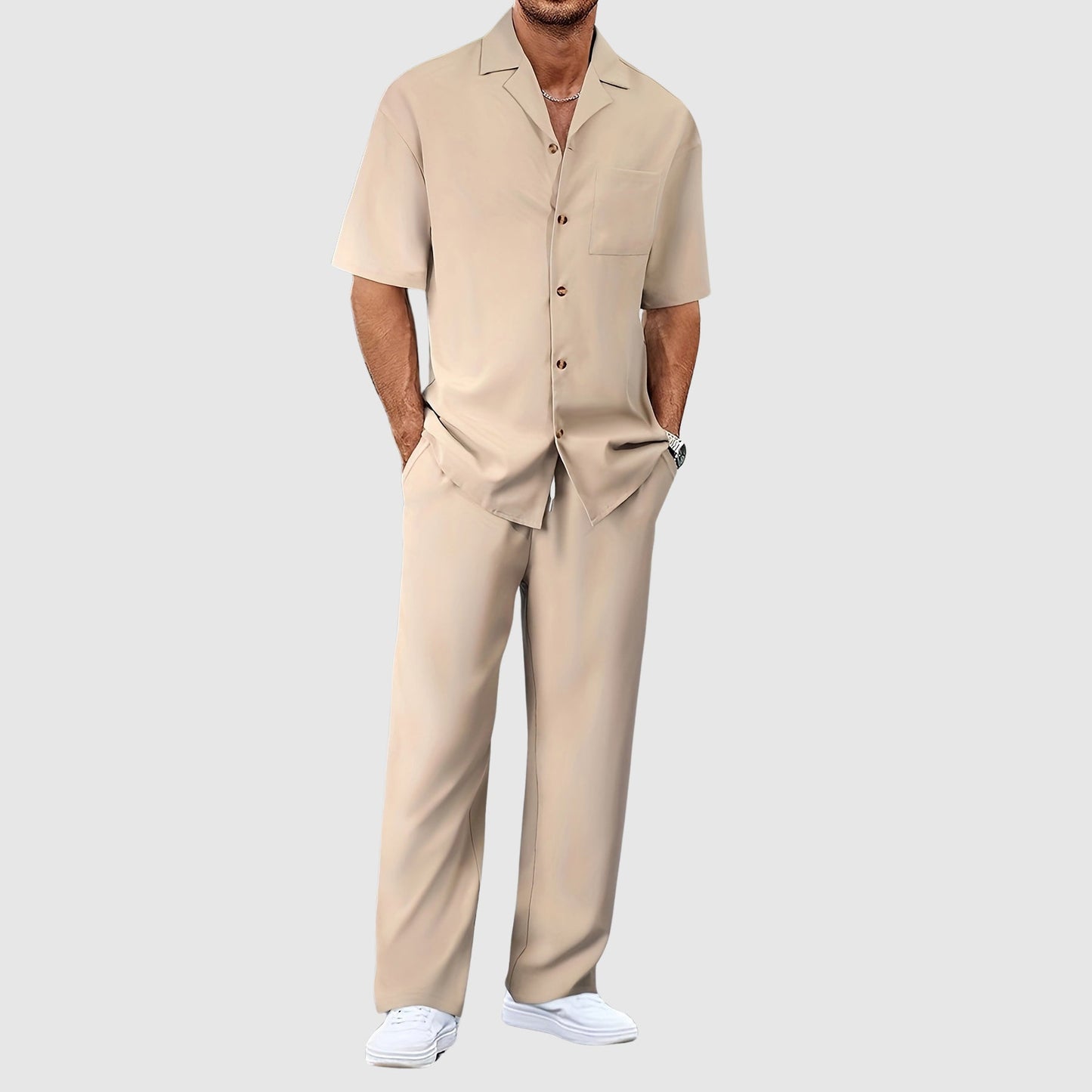 Nicolas - Ensemble Été Homme Casual avec Chemise Col Cubain et Pantalon Droit
