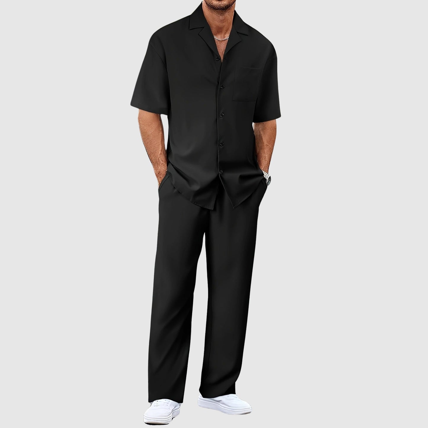 Nicolas - Ensemble Été Homme Casual avec Chemise Col Cubain et Pantalon Droit
