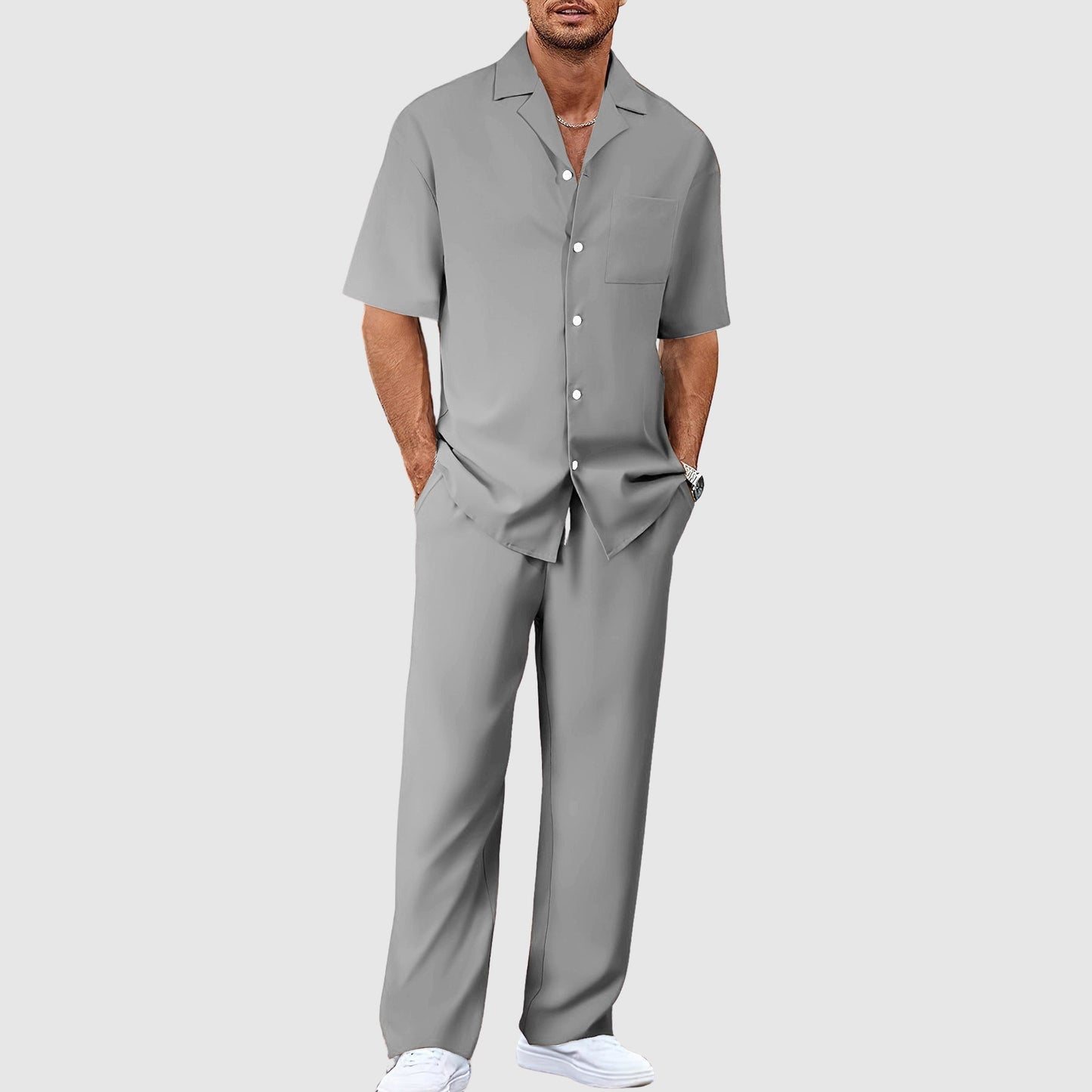Nicolas - Ensemble Été Homme Casual avec Chemise Col Cubain et Pantalon Droit