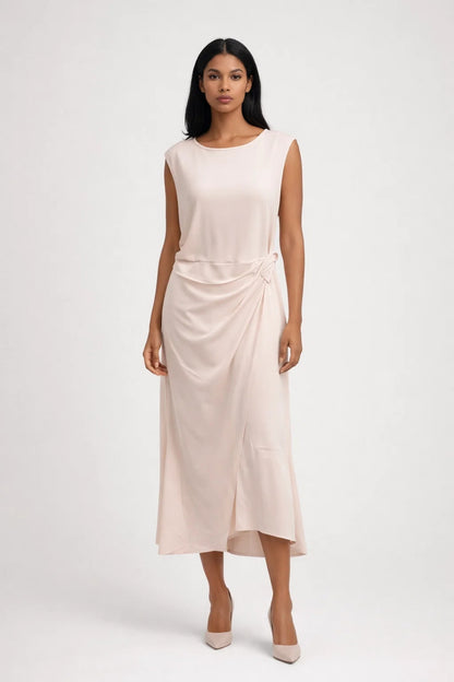 Robe Midi Femme - Col Rond Sans Manches Drapée Nouée | Élégante