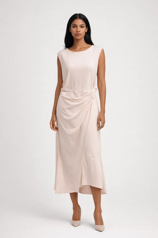 Robe Midi Femme - Col Rond Sans Manches Drapée Nouée | Élégante