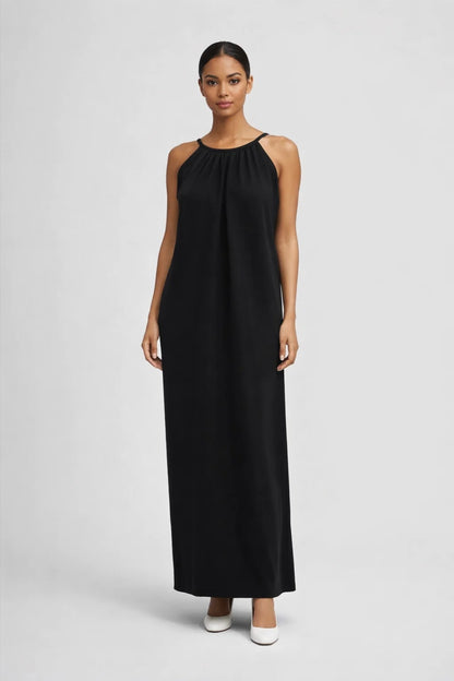 Robe Maxi Femme - Halter Col Rond Froncé Fluide | Élégante