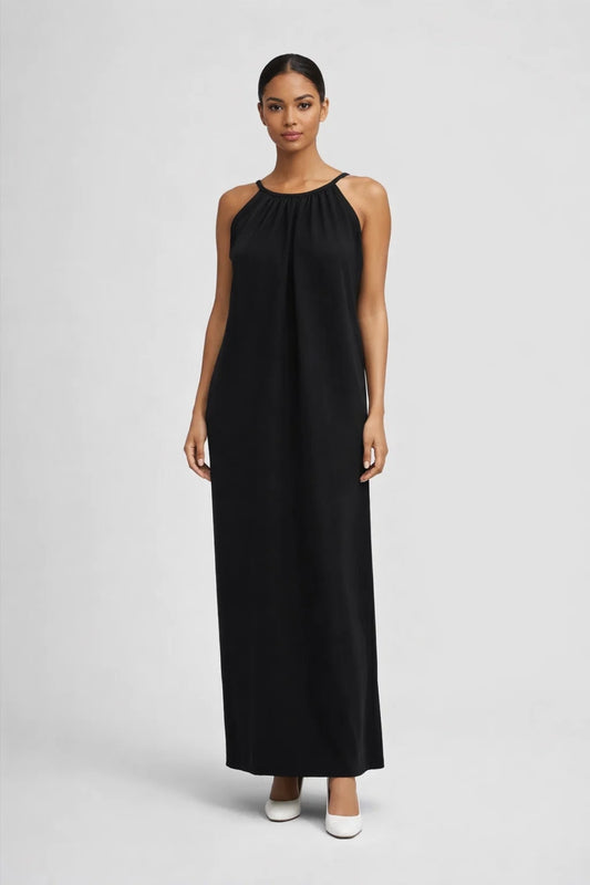 Robe Maxi Femme - Halter Col Rond Froncé Fluide | Élégante