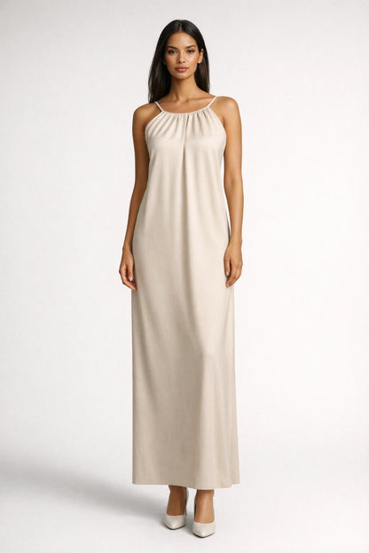 Robe Maxi Femme - Halter Col Rond Froncé Fluide | Élégante