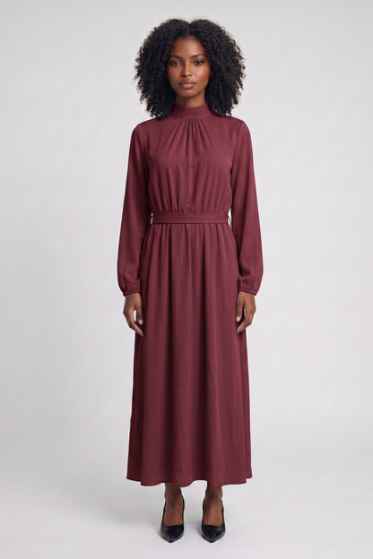 Robe Midi Femme - Col Montant Plissée Ceinturée | Élégante