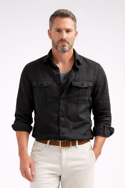 Paul - Chemise en Lin Homme Casual avec Deux Poches Poitrine et Manches Longues