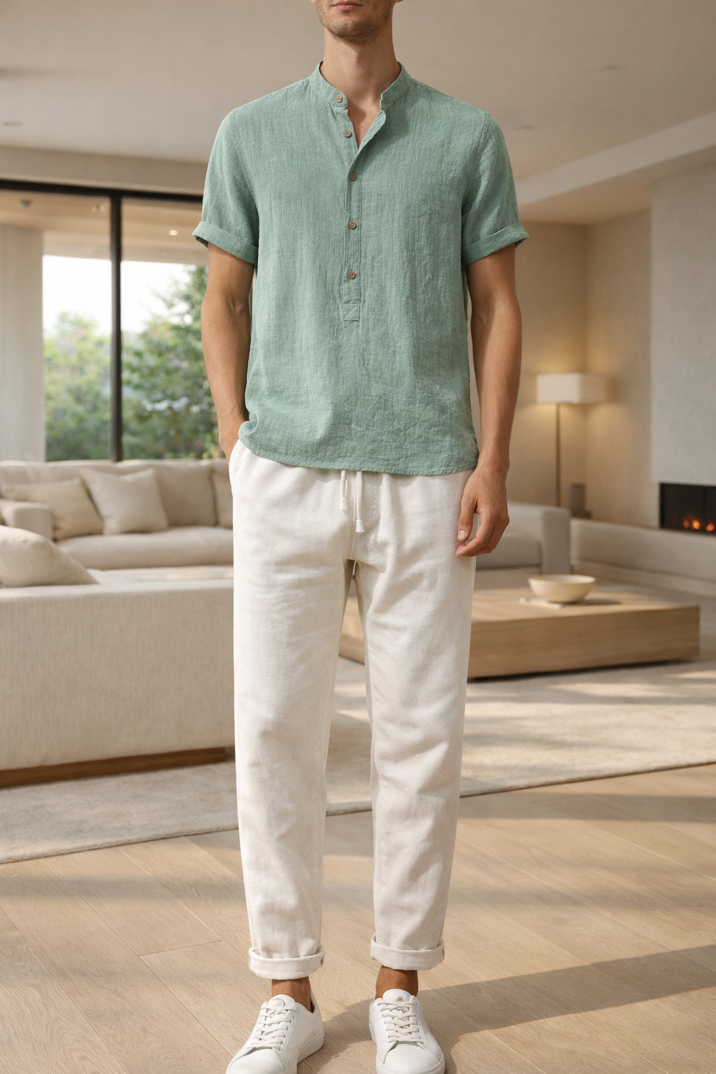 Paul - Ensemble en Lin Homme Chemise Col Mao et Pantalon Coordonné Classique