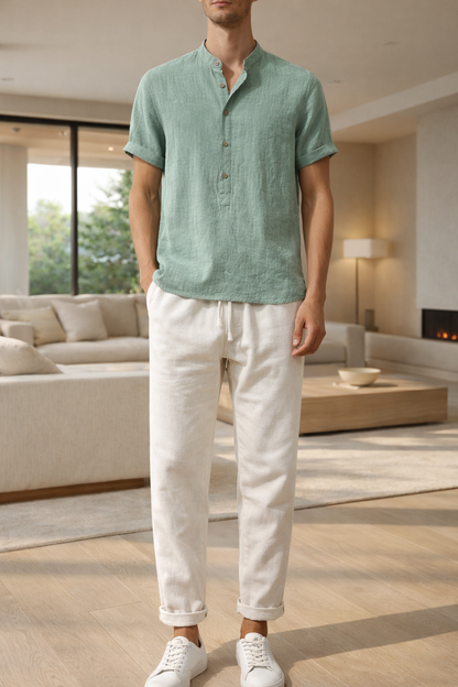 Paul - Ensemble en Lin Homme Chemise Col Mao et Pantalon Coordonné Classique