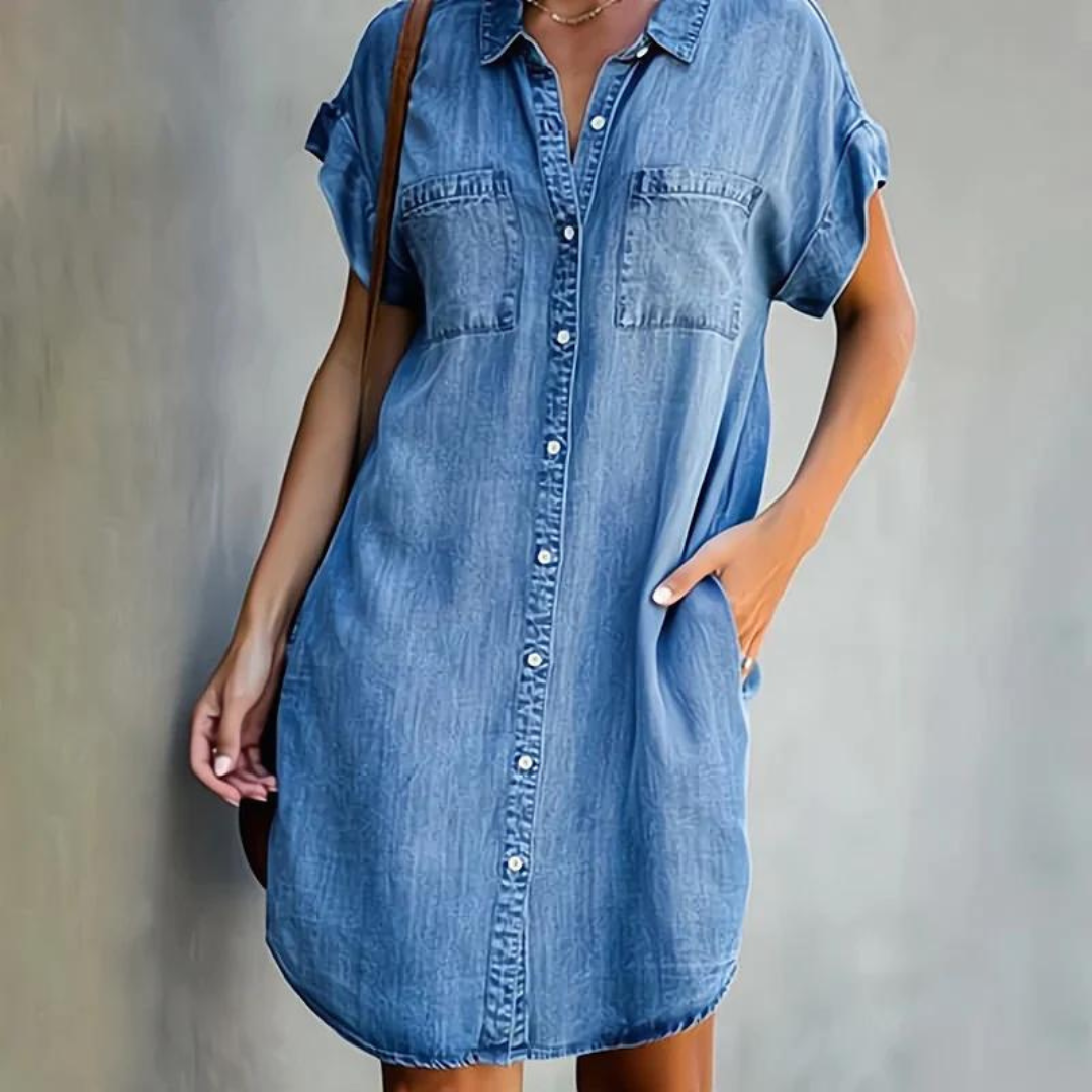 Pauline - Robe Chemise d'Été Femme à Boutons et Poches avec Manches Courtes Casual Décontractée