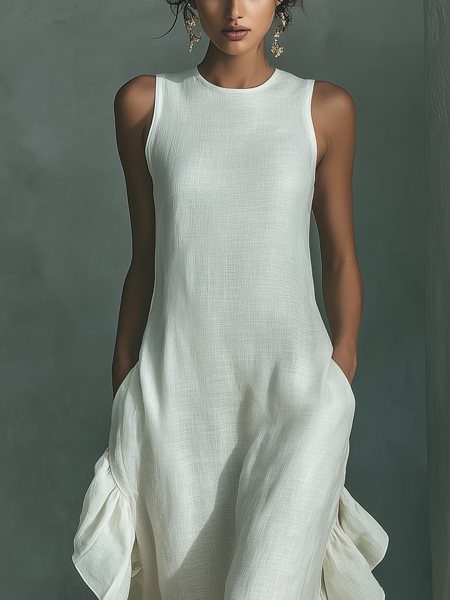 Pauline - Robe Longue en Lin Femme Habillé avec Col Rond et Ourlet à Volants