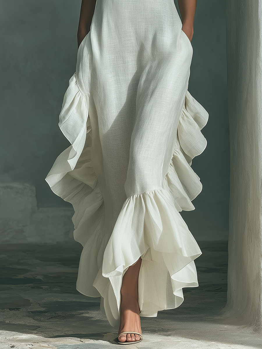 Pauline - Robe Longue en Lin Femme Habillé avec Col Rond et Ourlet à Volants