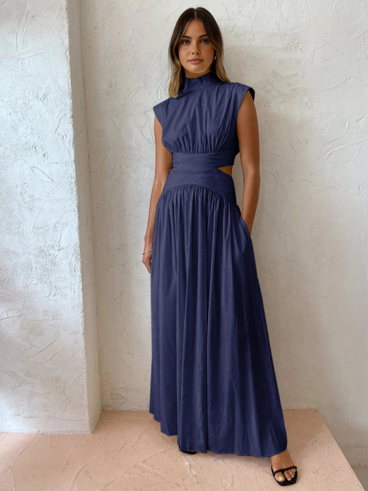 Pauline - Robe d'Été Longue Femme Élégante avec Col Montant sans Manches et Découpe à la Taille