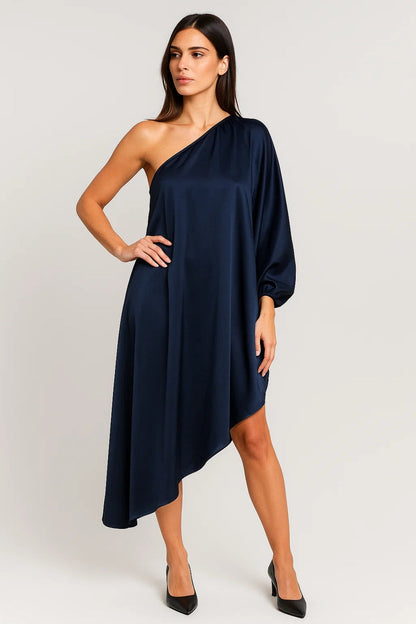 Robe Midi Femme - One Shoulder Fluide Asymétrique Manche Longue | Chic
