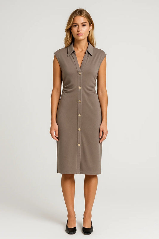 Robe midi Femme - Boutonnée sans Manches Col Chemisier | Chic