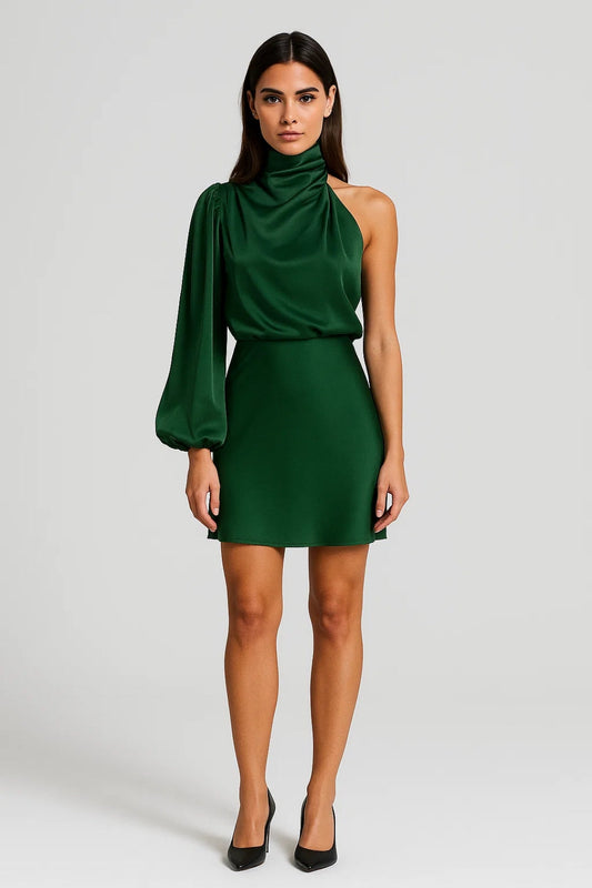 Robe Mini Femme - One Shoulder Col Montant Manche Bouffante | Chic