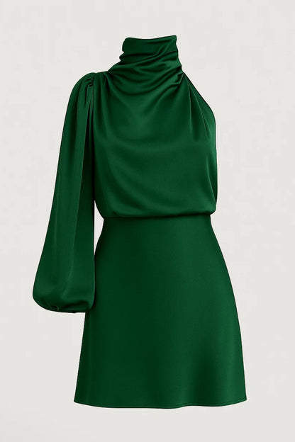 Robe Mini Femme - One Shoulder Col Montant Manche Bouffante | Chic
