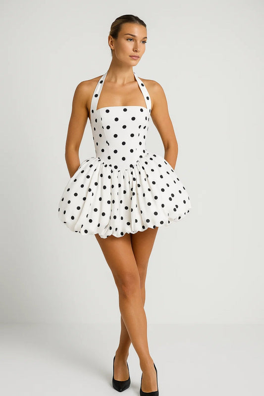 Robe Mini Femme - Halter Évasée Bouffante à Pois | Chic
