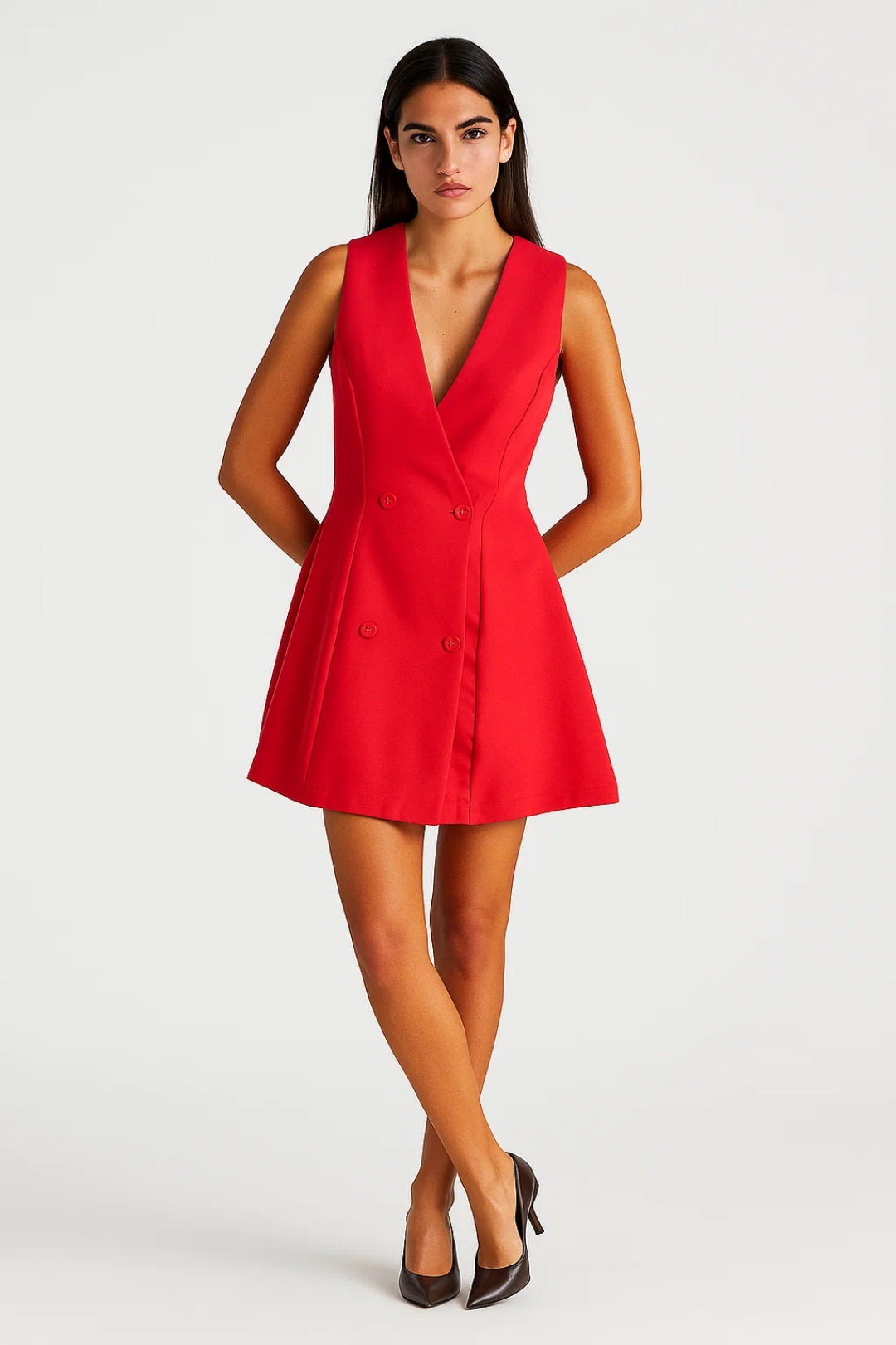 Robe Mini Femme - Blazer Sans Manches Double Boutonnage Évasée | Chic