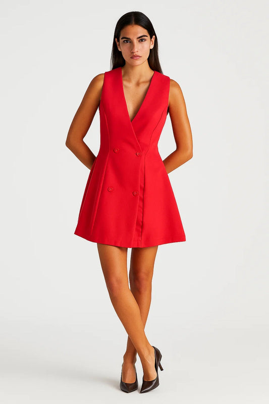 Robe Mini Femme - Blazer Sans Manches Double Boutonnage Évasée | Chic
