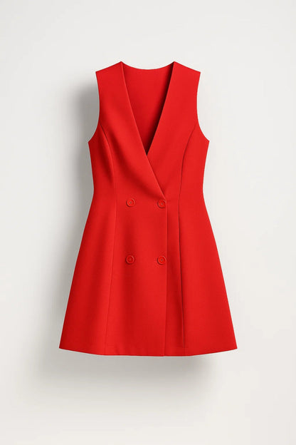 Robe Mini Femme - Blazer Sans Manches Double Boutonnage Évasée | Chic