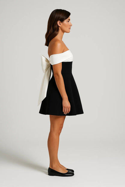 Robe Mini Femme - Épaules Dénudées Bicolore Coupe Patineuse | Chic