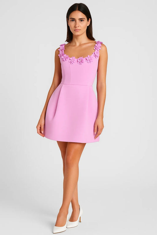 Robe Mini Femme - Sans Manches Évasée Appliques Florales au Col | Chic