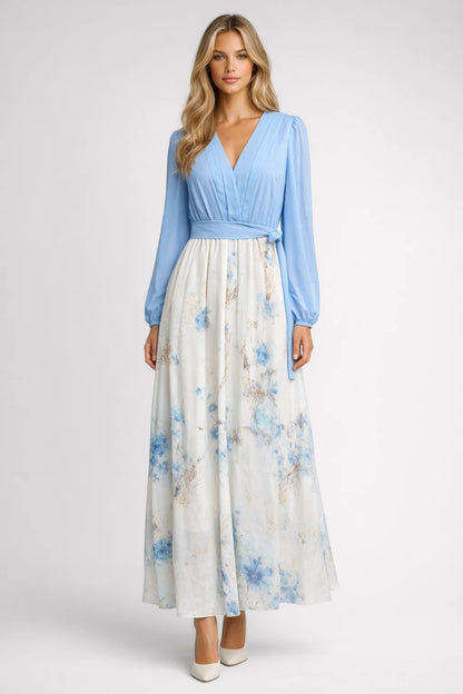 Robe Maxi Femme - Col V Manches Longues Jupe Fleurie | Élégante