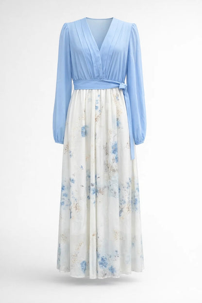 Robe Maxi Femme - Col V Manches Longues Jupe Fleurie | Élégante