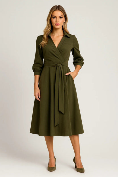 Robe Midi Femme - Cache-Cœur Col Chemise Ceinturée | Chic