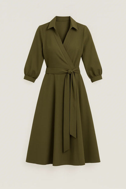 Robe Midi Femme - Cache-Cœur Col Chemise Ceinturée | Chic