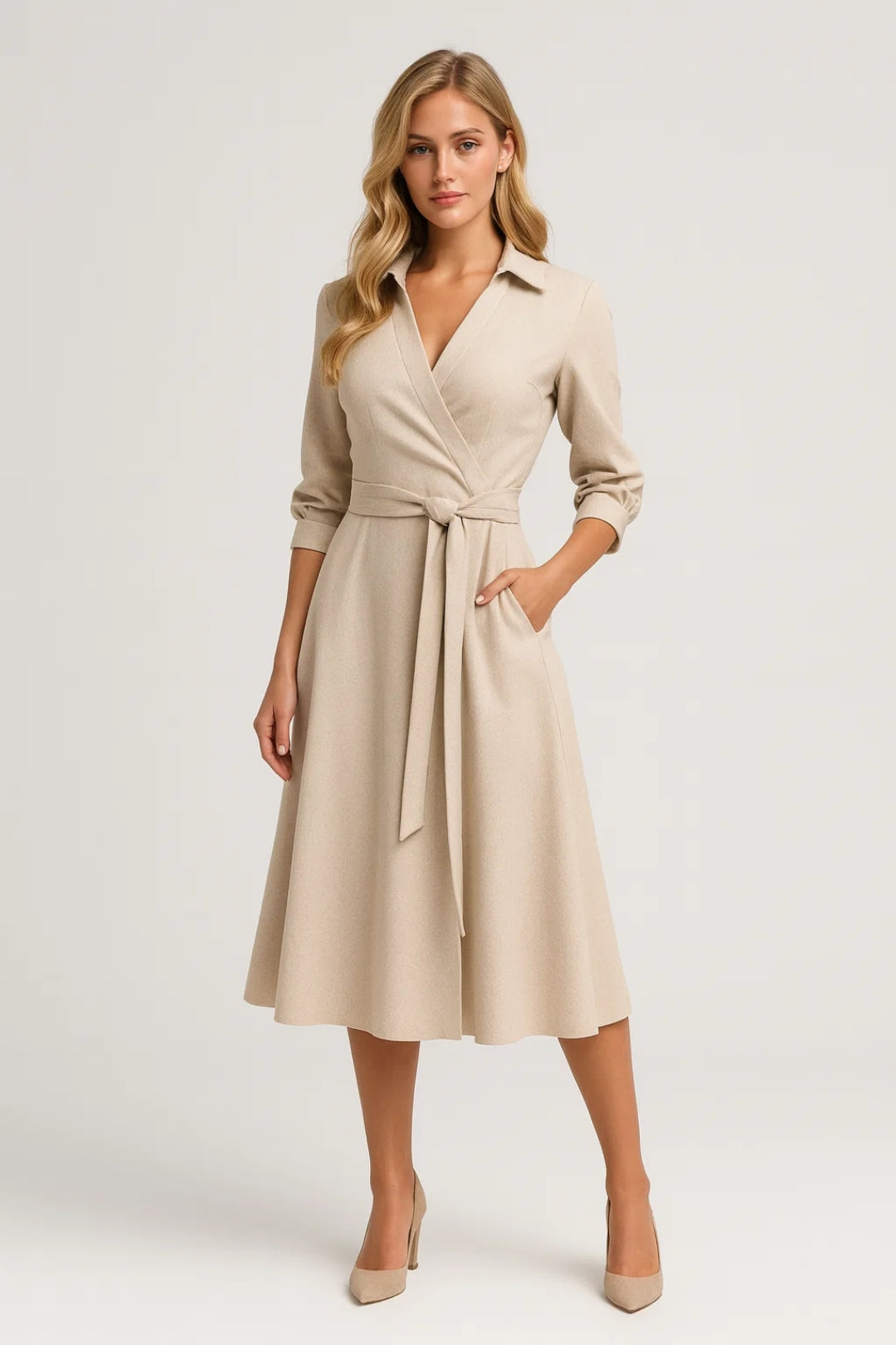 Robe Midi Femme - Cache-Cœur Col Chemise Ceinturée | Chic