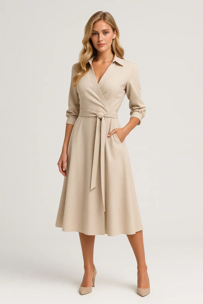 Robe Midi Femme - Cache-Cœur Col Chemise Ceinturée | Chic