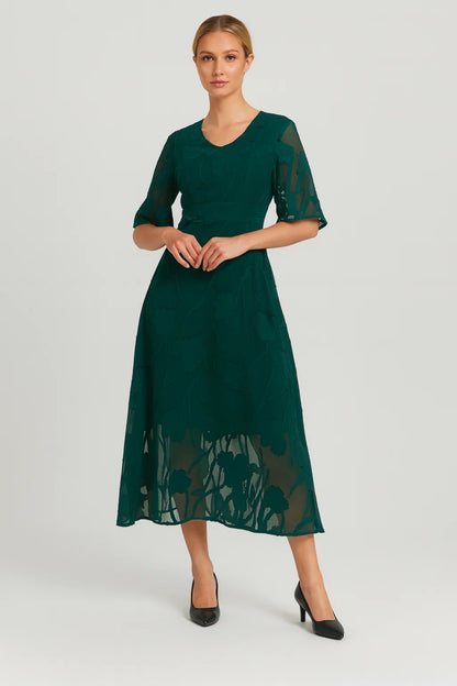 Robe Midi Femme - Col V Manches Courtes Transparente | Élégante