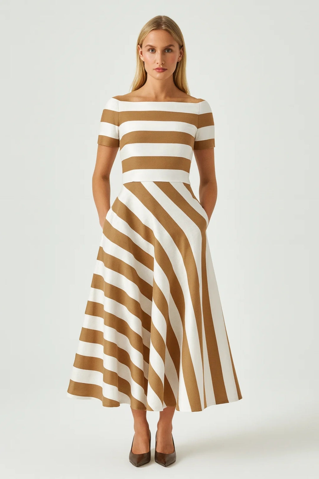 Robe Midi Femme - Rayures Manches Courtes Évasée | Élégante