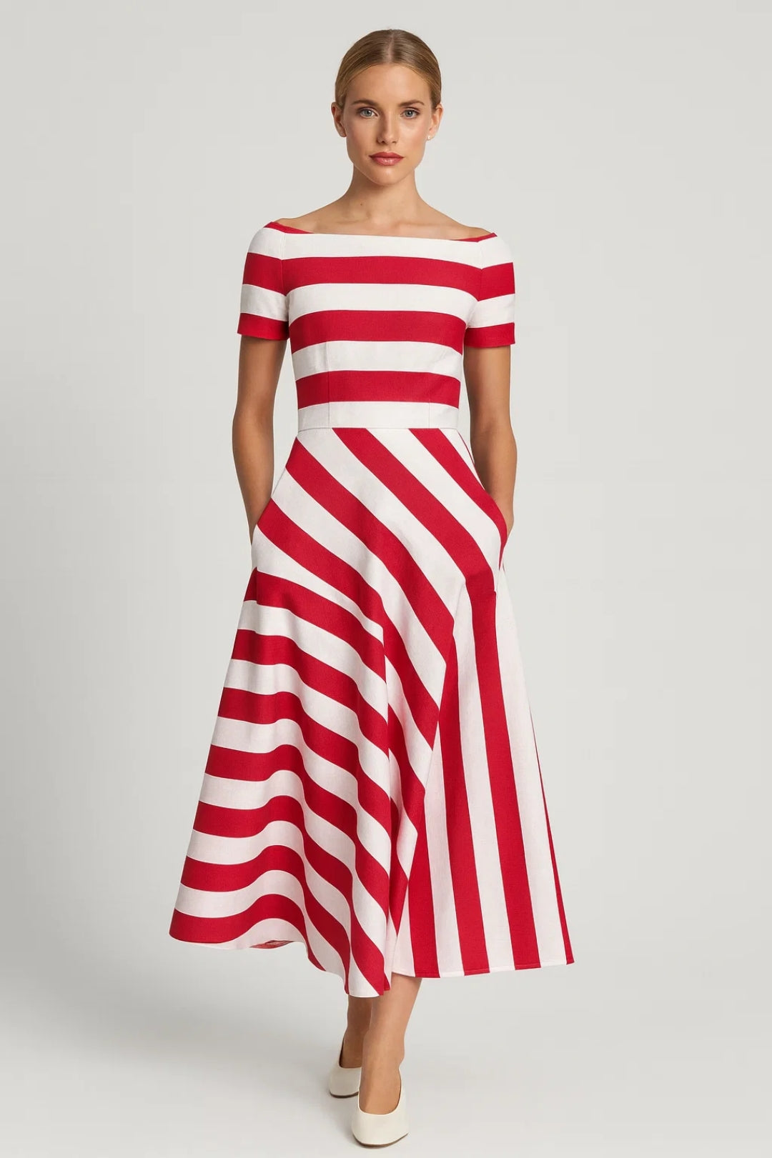 Robe Midi Femme - Rayures Manches Courtes Évasée | Élégante