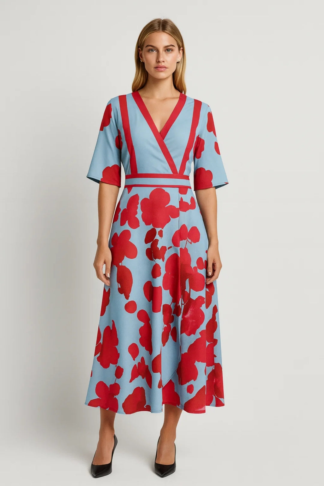 Robe Midi Femme - Portefeuille Florale Manches Courtes | Chic
